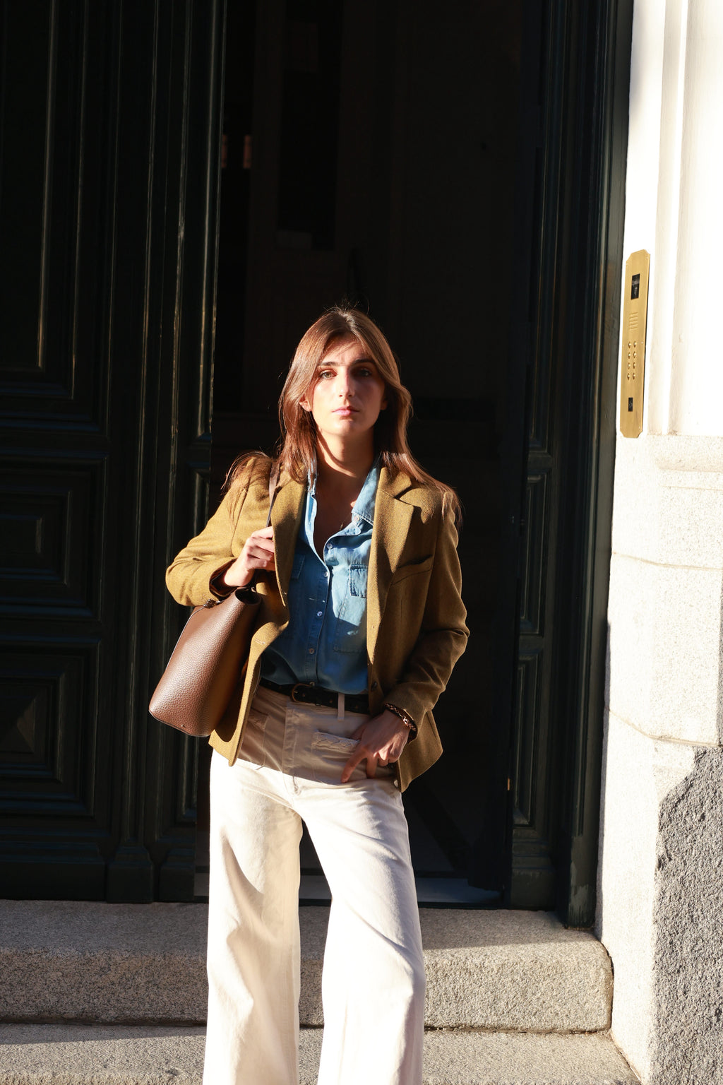 Milan jacket in cashmere and wool, worn in the street, full length — VALRIC