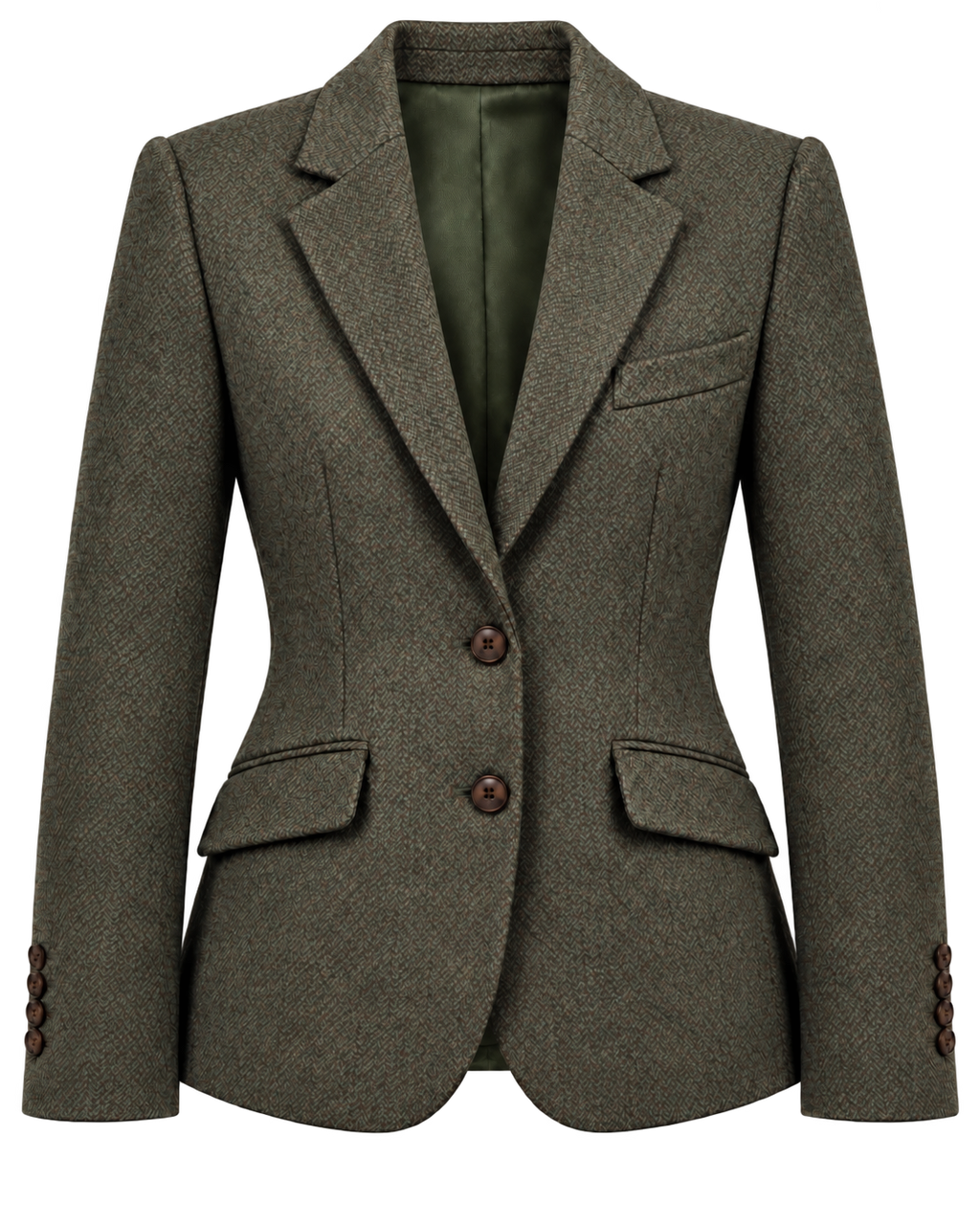 Cambridge jacket in green wool herringbone, front view — VALRIC