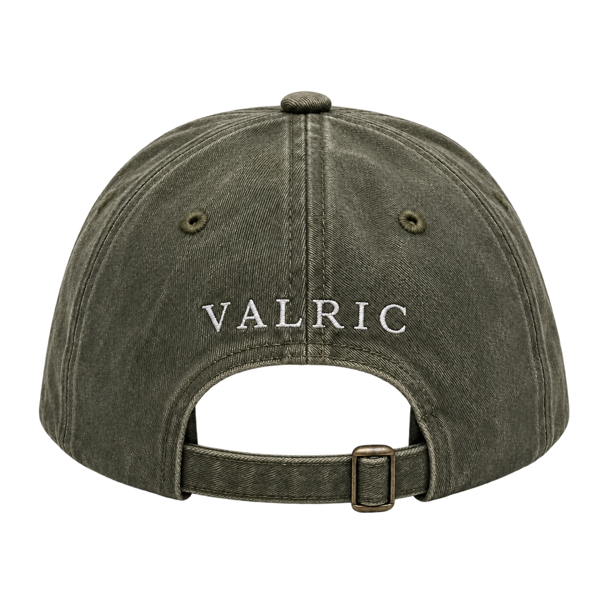 Gorra VALRIC verde de algodón, vista trasera con el nombre bordado y cierre de hebilla