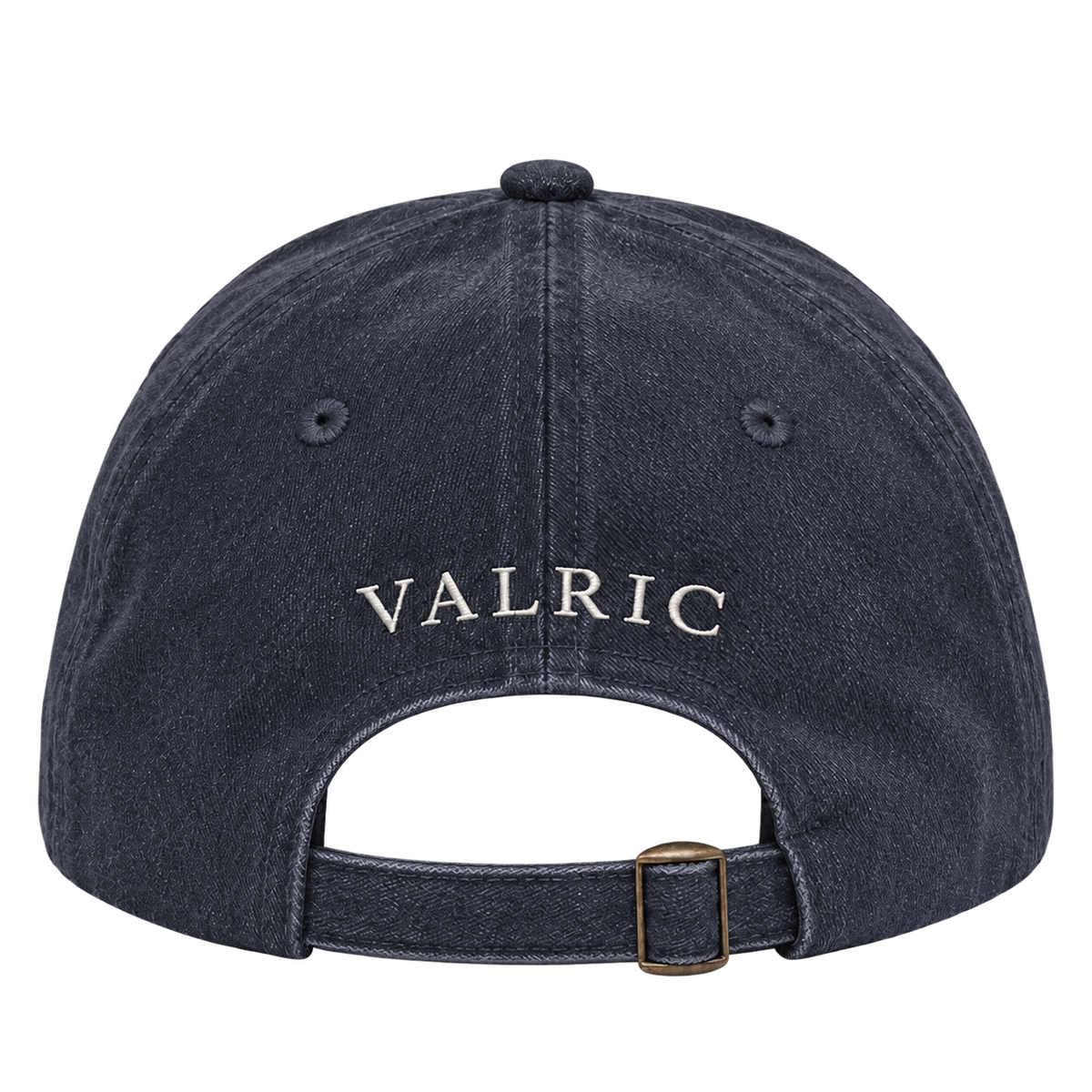 Gorra VALRIC azul de algodón, vista trasera con el nombre bordado y cierre de hebilla