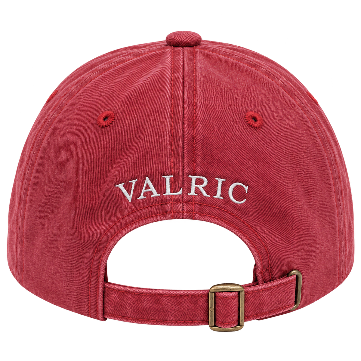 Gorra VALRIC roja de algodón, vista trasera con el nombre bordado y cierre de hebilla