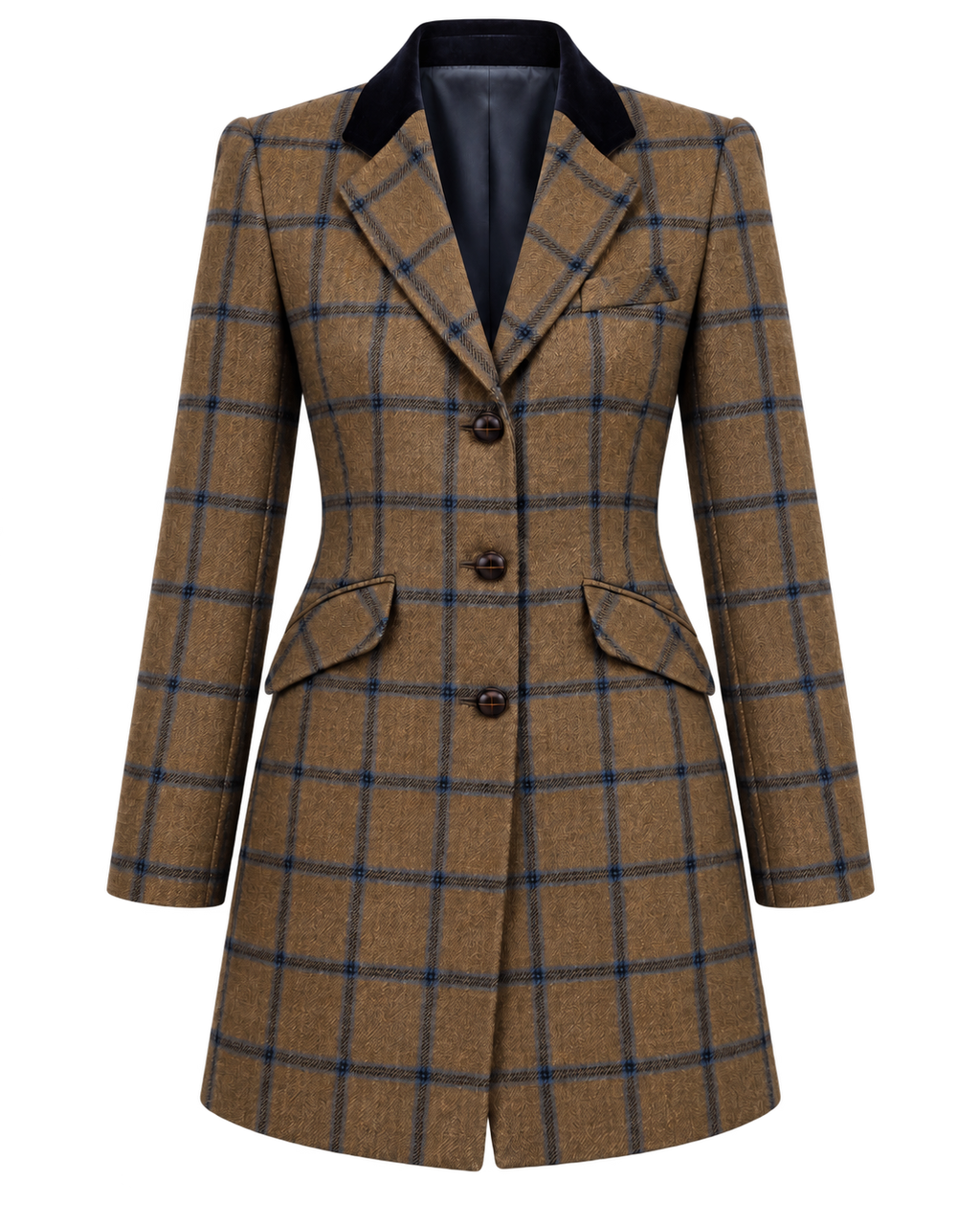 Vienna coat in beige cashmere and wool tweed with blue check, front view — VALRIC