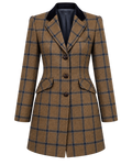 Vienna coat in beige cashmere and wool tweed with blue check, front view — VALRIC
