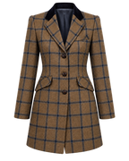 Vienna coat in beige cashmere and wool tweed with blue check, front view — VALRIC