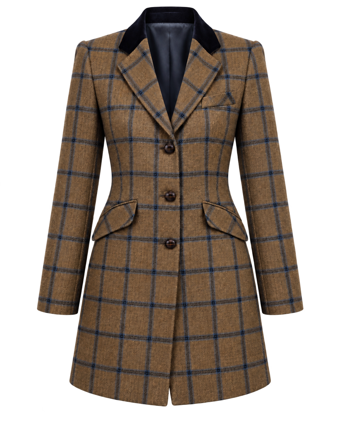 Abrigo Viena de cachemir y lana en tweed beige de cuadros azules, vista frontal — VALRIC