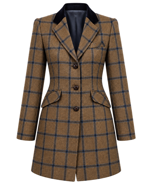 Abrigo Viena de cachemir y lana en tweed beige de cuadros azules, vista frontal — VALRIC