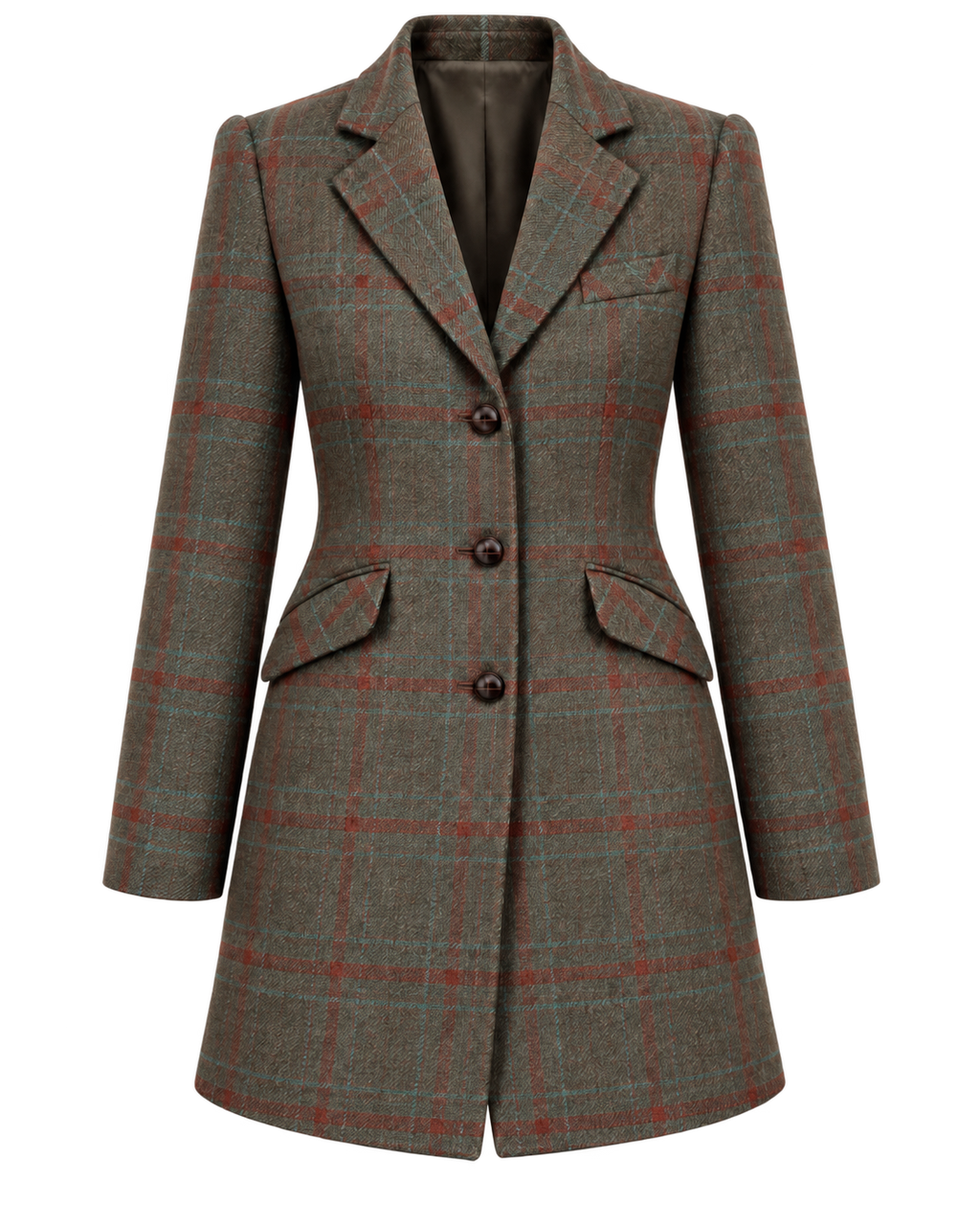 Abrigo Edimburgo de lana verde con cuadros rojos y cuello de terciopelo, vista frontal — VALRIC