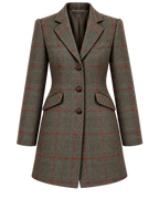 Abrigo Edimburgo de lana verde con cuadros rojos y cuello de terciopelo, vista frontal — VALRIC