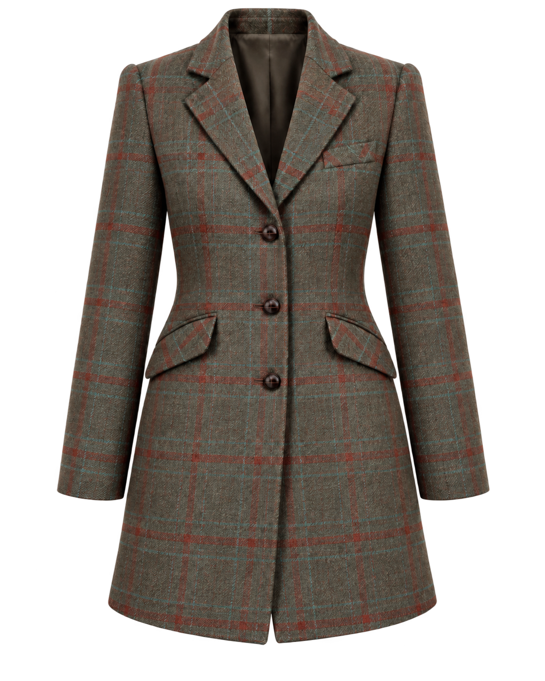 Abrigo Edimburgo de lana verde con cuadros rojos y cuello de terciopelo, vista frontal — VALRIC