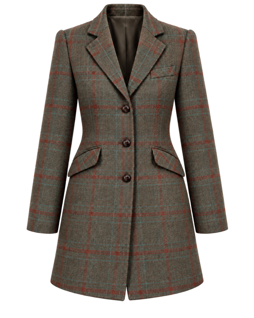 Abrigo Edimburgo de lana verde con cuadros rojos y cuello de terciopelo, vista frontal — VALRIC