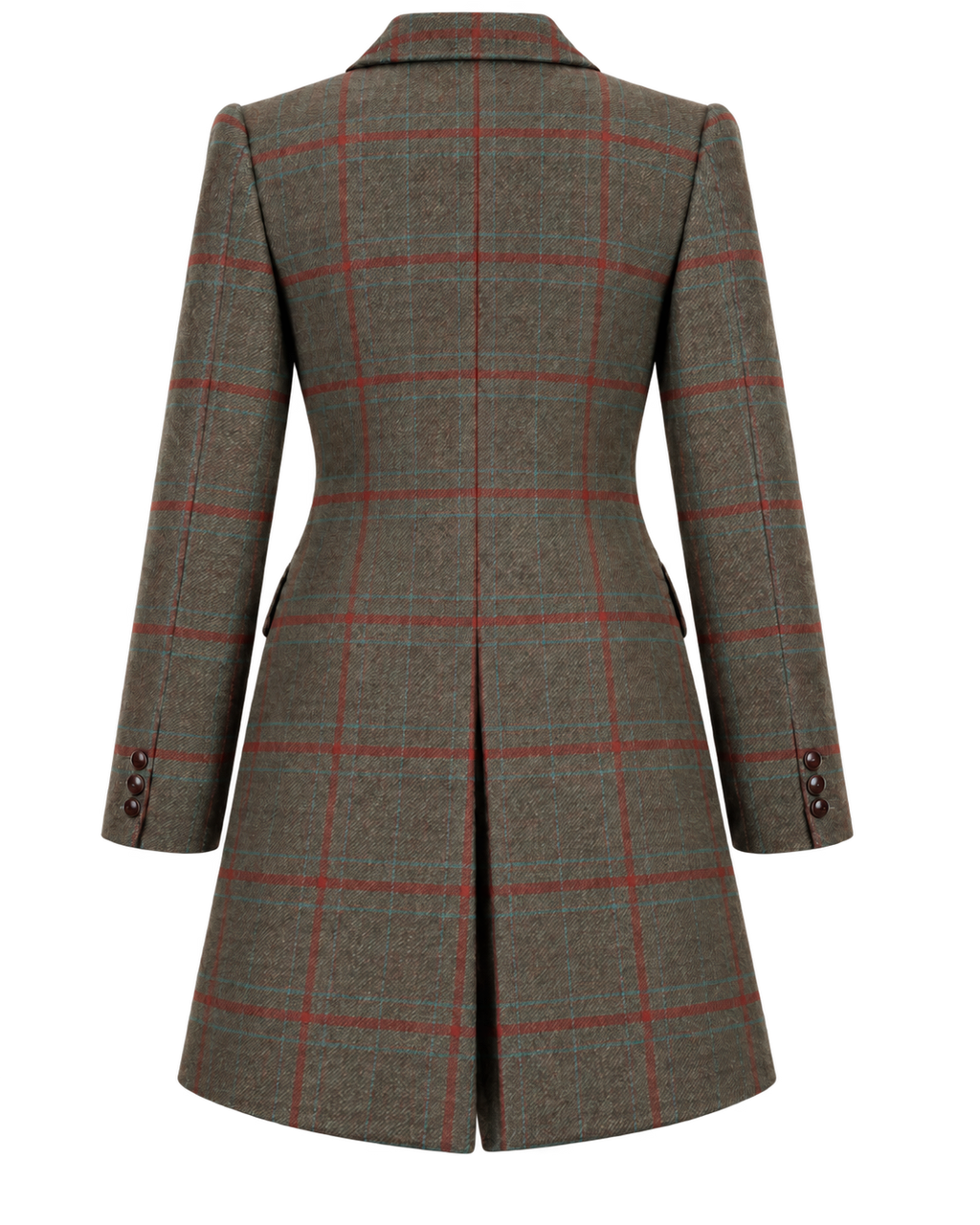 Abrigo Edimburgo de lana verde con cuadros rojos y cuello de terciopelo, vista de espalda — VALRIC