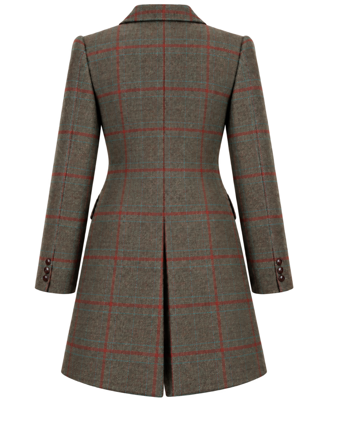 Abrigo Edimburgo de lana verde con cuadros rojos y cuello de terciopelo, vista de espalda — VALRIC