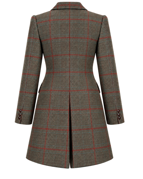 Abrigo Edimburgo de lana verde con cuadros rojos y cuello de terciopelo, vista de espalda — VALRIC