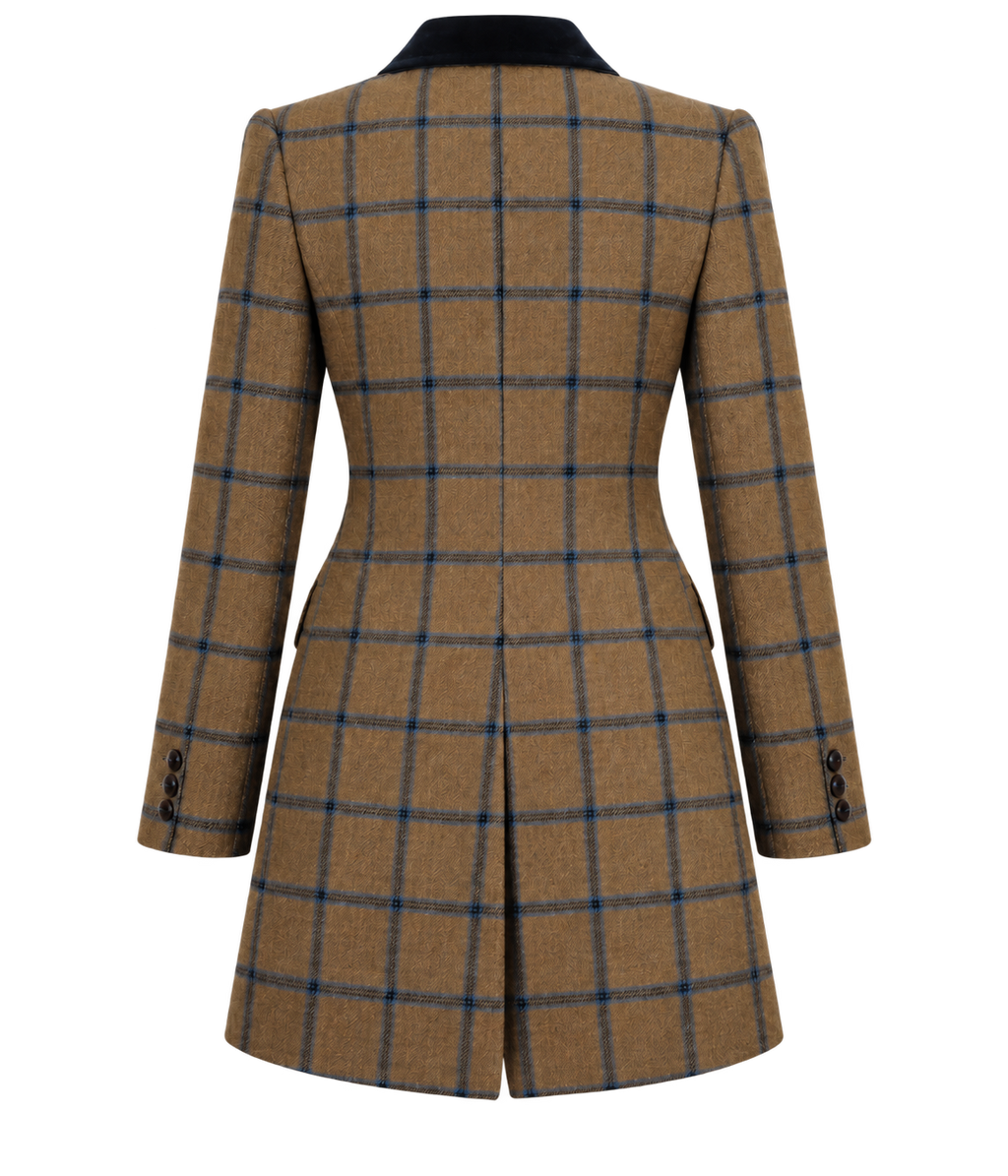 Vienna coat in beige cashmere and wool tweed with blue check, back view — VALRIC