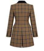 Vienna coat in beige cashmere and wool tweed with blue check, back view — VALRIC