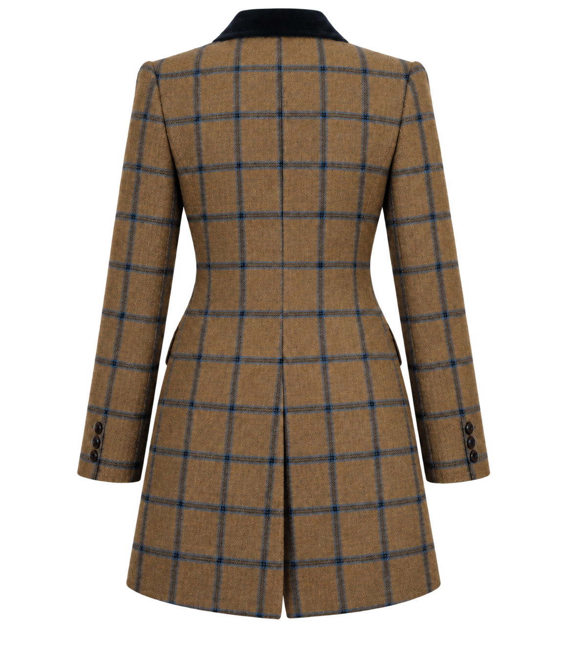 Abrigo Viena de cachemir y lana en tweed beige de cuadros azules, vista de espalda — VALRIC