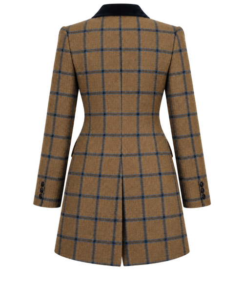 Abrigo Viena de cachemir y lana en tweed beige de cuadros azules, vista de espalda — VALRIC