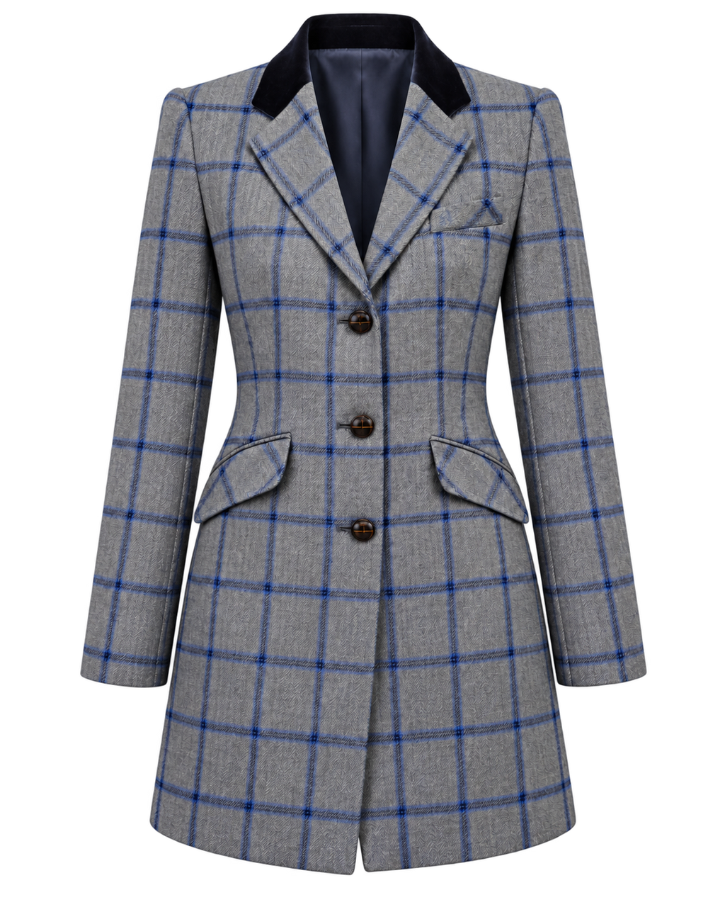Abrigo París de cachemir y lana en tweed gris de cuadros azules, vista frontal — VALRIC