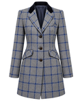 Abrigo París de cachemir y lana en tweed gris de cuadros azules, vista frontal — VALRIC