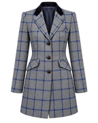 Abrigo París de cachemir y lana en tweed gris de cuadros azules, vista frontal — VALRIC