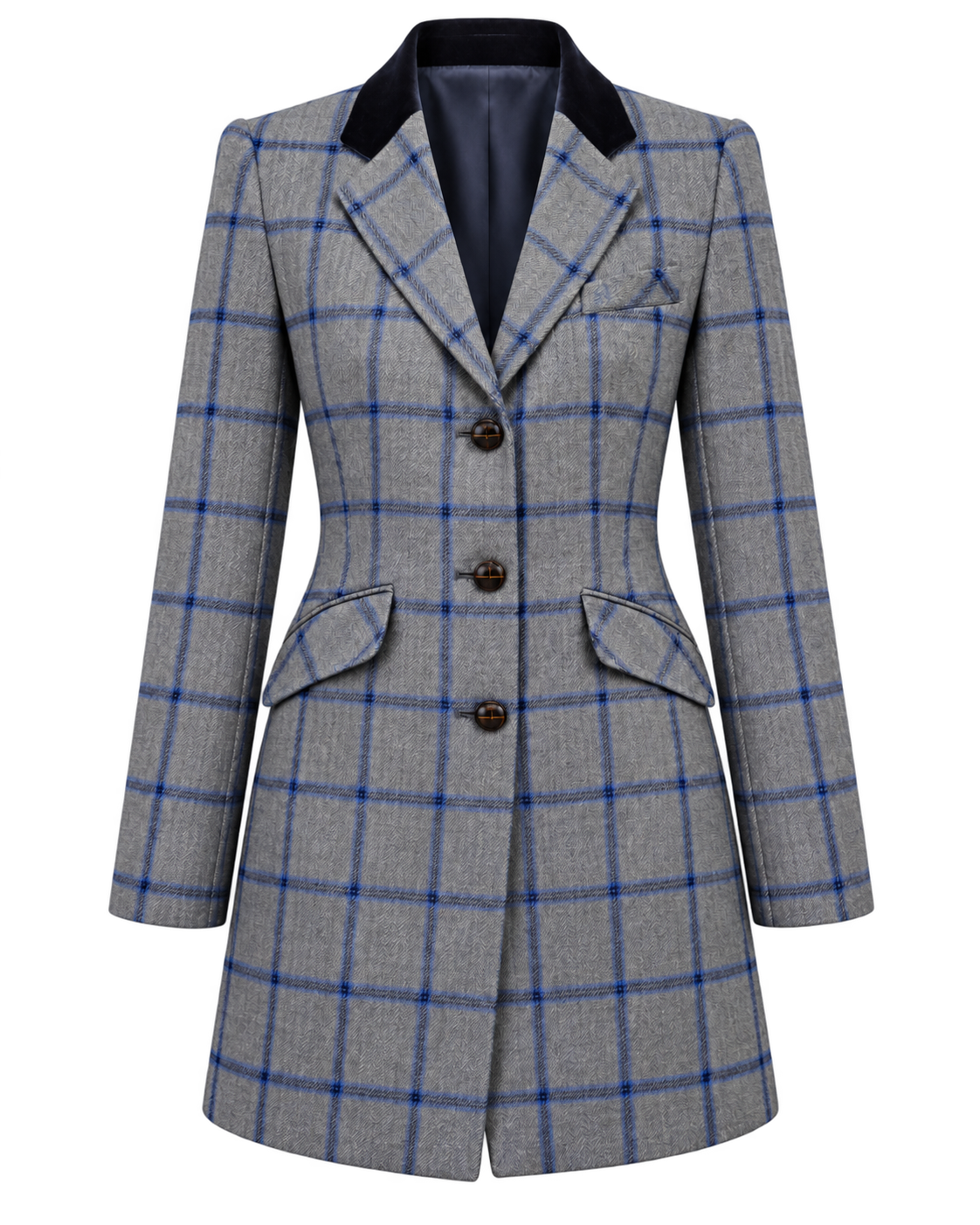 Abrigo París de cachemir y lana en tweed gris de cuadros azules, vista frontal — VALRIC