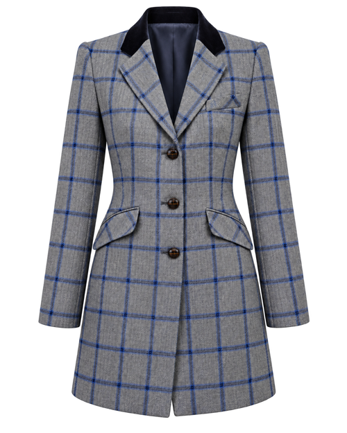 Abrigo París de cachemir y lana en tweed gris de cuadros azules, vista frontal — VALRIC
